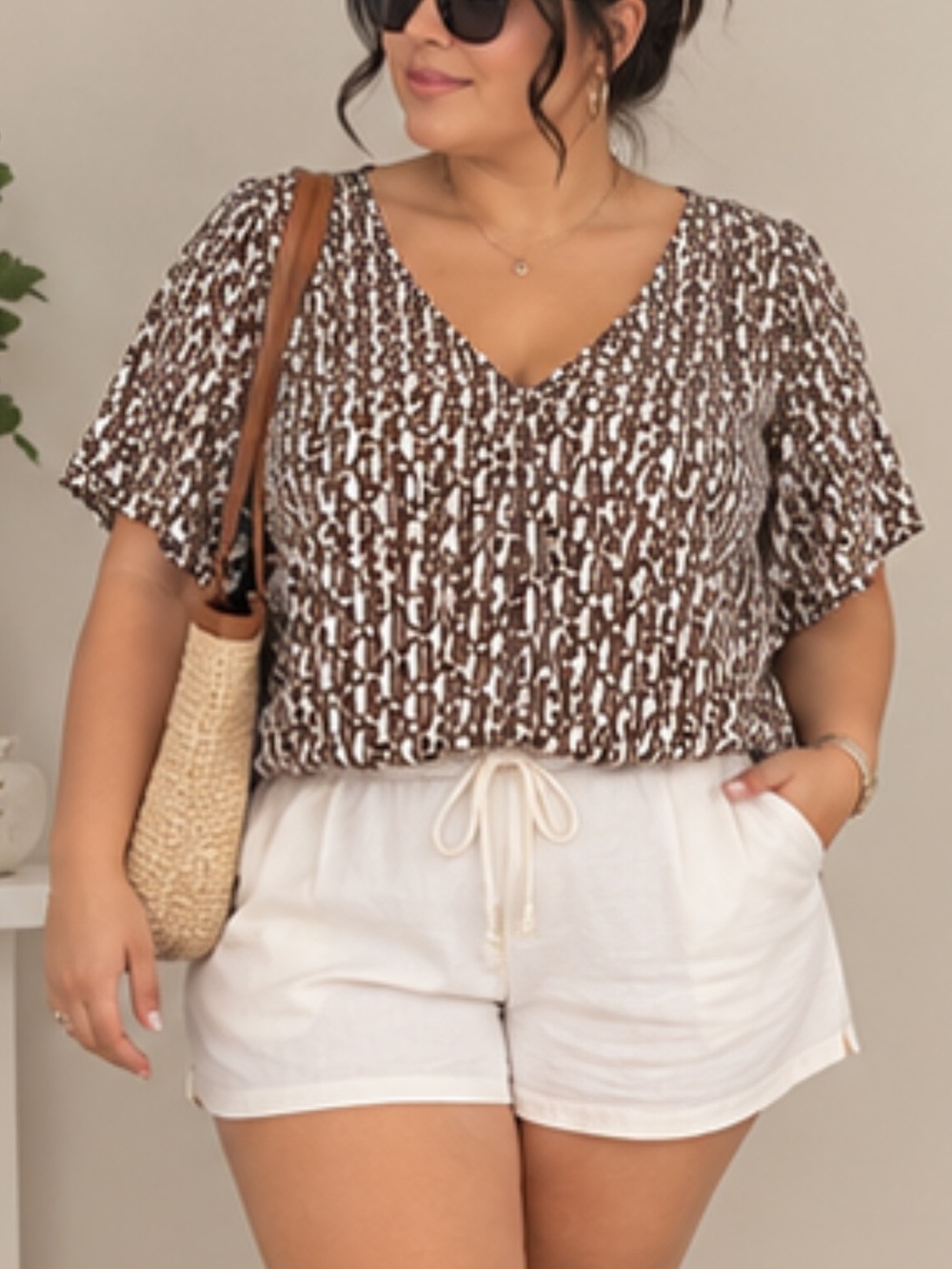 V-Neck Brown Patterned Women's Top - Large